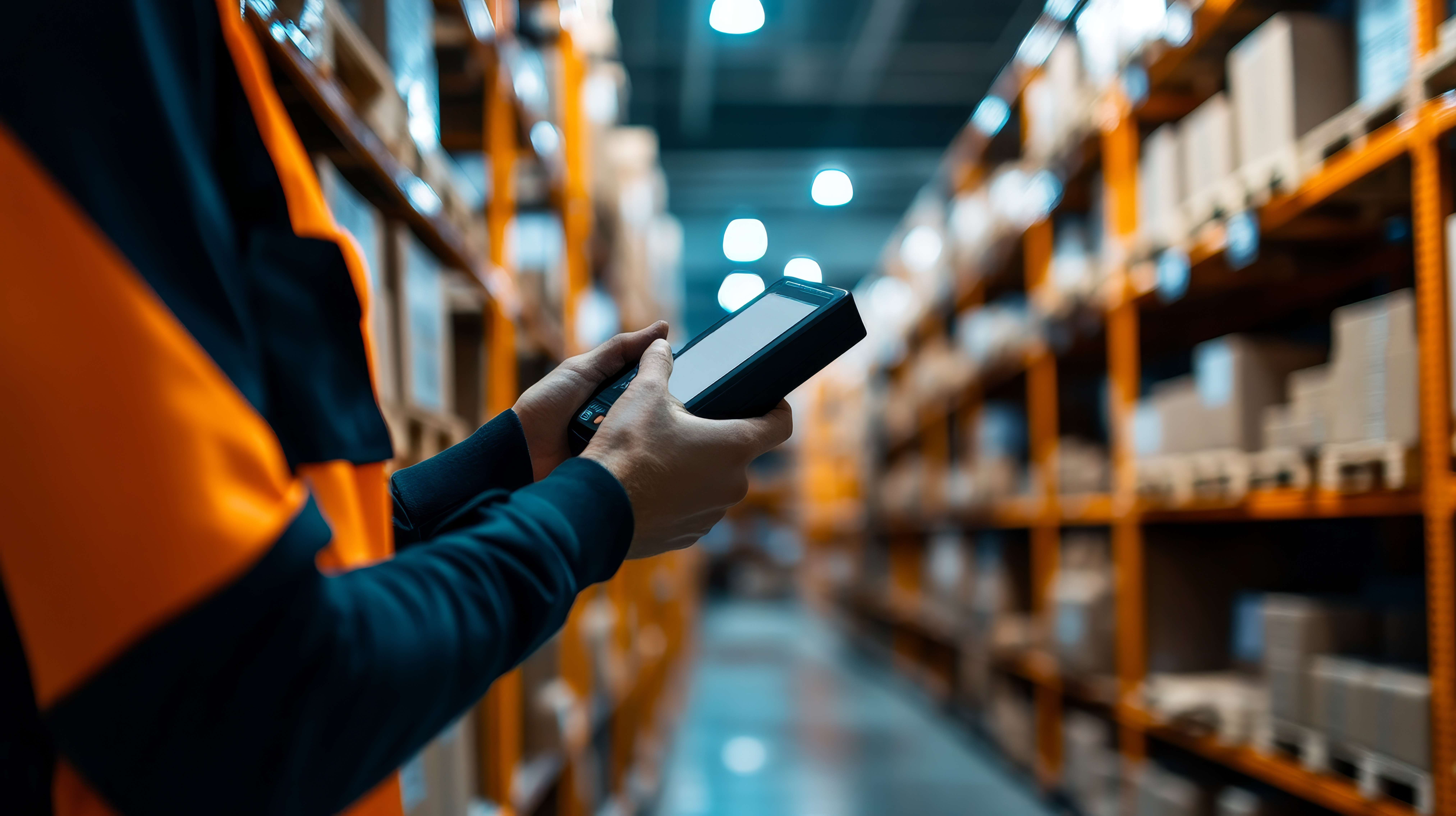 person holding RFID scanner in a warehouse