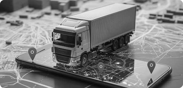 Digital truck model on smartphone map with location pins